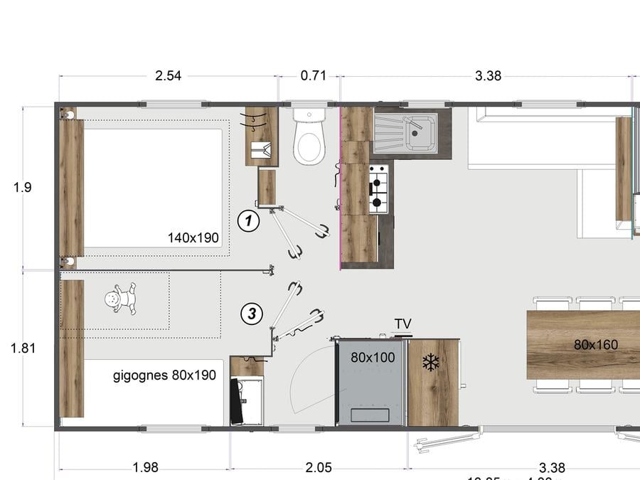 Mobilhome 8 personnes - Prestige Smala - 4 chambres - 2 salles de bains - 2 WC - CLIM - TV + Lave vaisselle 5