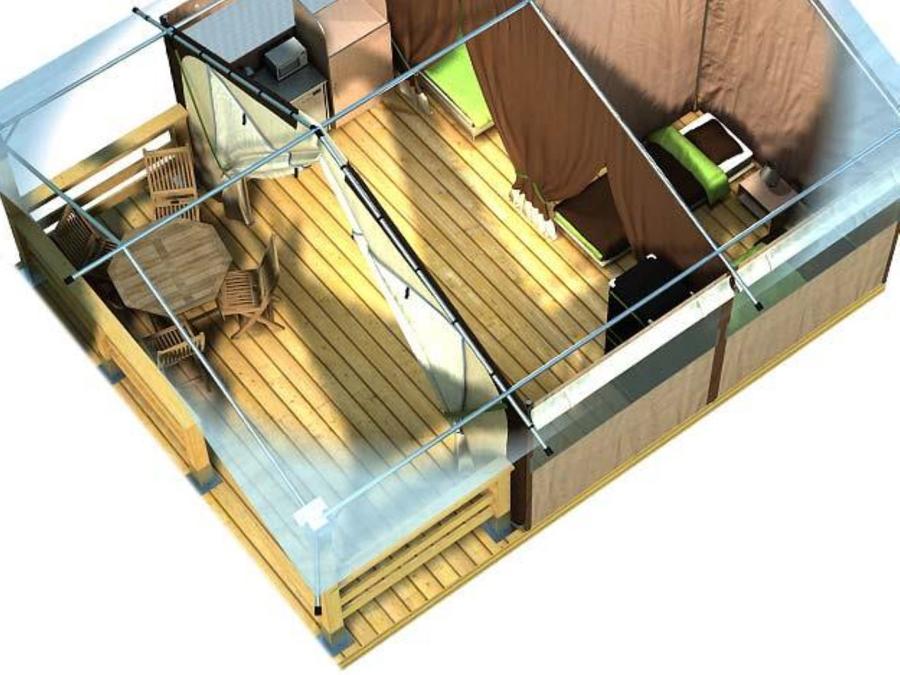 Tente 5 personnes - Tente Eden Standard 30m² 2 chambres - sans sanitaires + Vue sur le Lot + terrasse couverte 11.5m² 5 pers 7