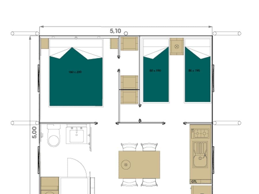 Tente en toile et en bois 4 personnes - Safari Lodge - 2 chambres : 26m² - terrasse semi-couverte 25m² 4 pers. 6