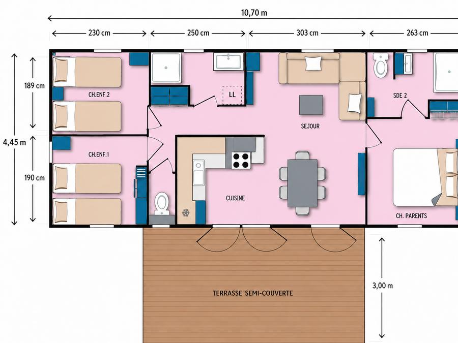 Mobilhome 6 personnes - Cottage Prestige - 3 chambres : 37 m² + 18 m² de terrasse semi-couverte 16