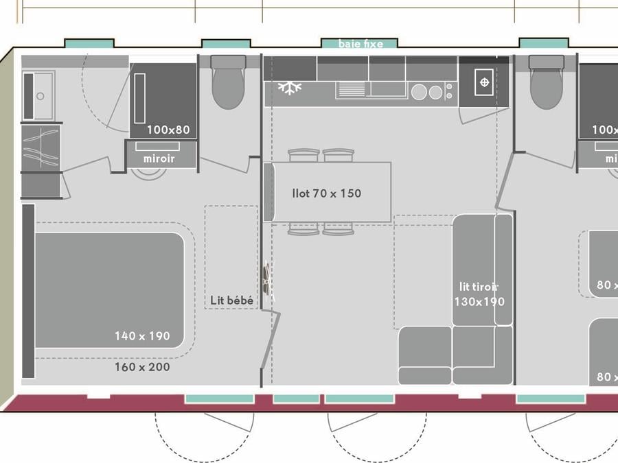 Mobilhome 5 personnes - Premium PLUS 2ch-CLIM- 2 SDB-TV-LV-plancha-terrasse couverte-33m² | PREMIUM 9