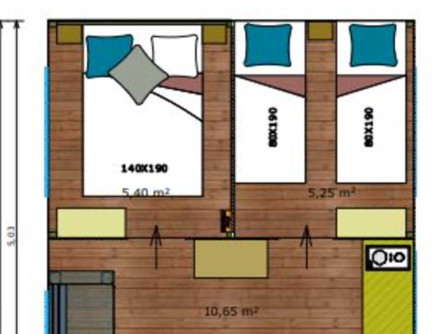 Bungalow toilé 5 personnes - Freeflower Standard 37m² - 2 chambres - sans sanitaires - terrasse couverte de 8m² 5 pers 5