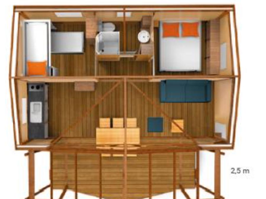 Tente en toile et en bois 5 personnes - Ecolodge Cotton Confort 32 m² - 2 chambres - terrasse couverte de 11m² + TV 5 pers 7