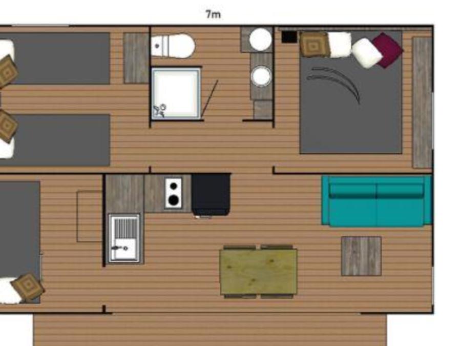 Tente en toile et en bois 6 personnes - Ecolodge Cotton Confort 35m² - 3 chambres - terrasse couverte de 11m² + TV 6 pers 6