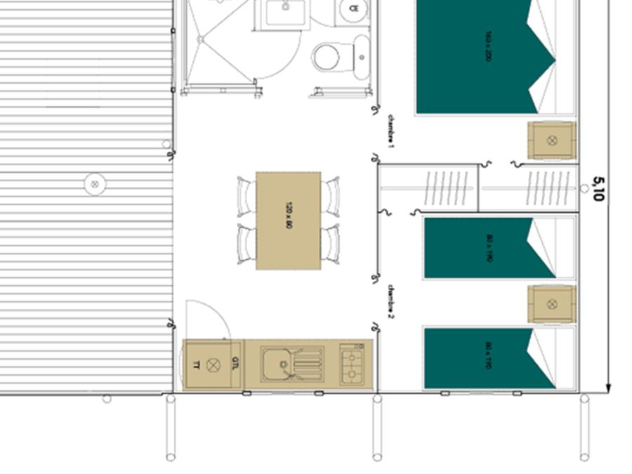 Tente en toile et en bois 4 personnes - Tente Lodge - 2 chambres + terrasse - avec sanitaires 8