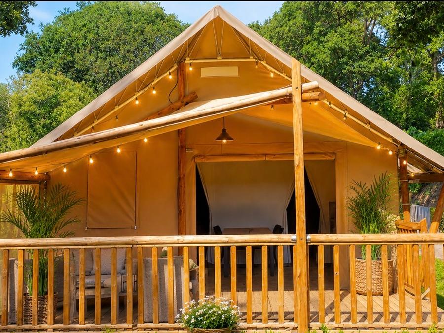 Tente en toile et en bois 4 personnes - Tente Lodge - 2 chambres + terrasse - avec sanitaires 0
