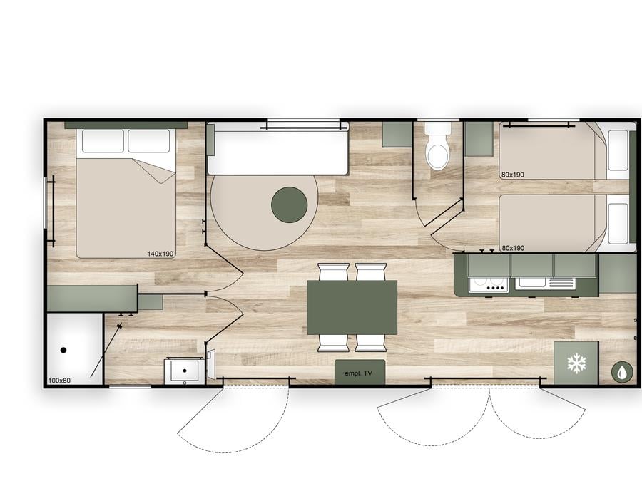 Mobilhome 4 personnes - Mobil-home PREMIUM 4p (33m²) , 2 chbres, clim, TV, Lave-vaisselle, terrasse, lit Queen Size 5