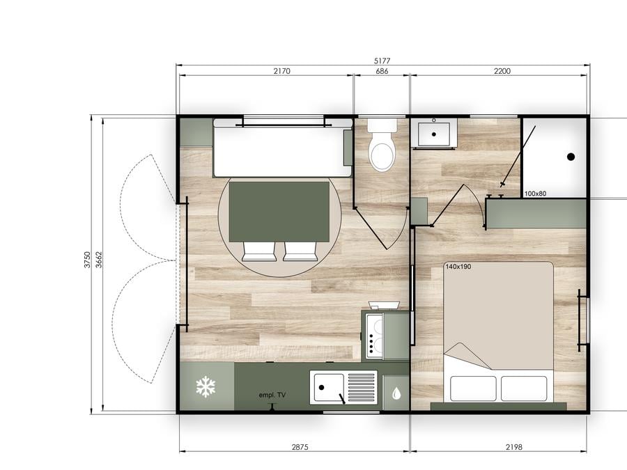 Mobilhome 2 personnes - Mobil-home PREMIUM 2p (20m²) , 1 chbre, climatisation, TV, Terrasse, lit queen size 4