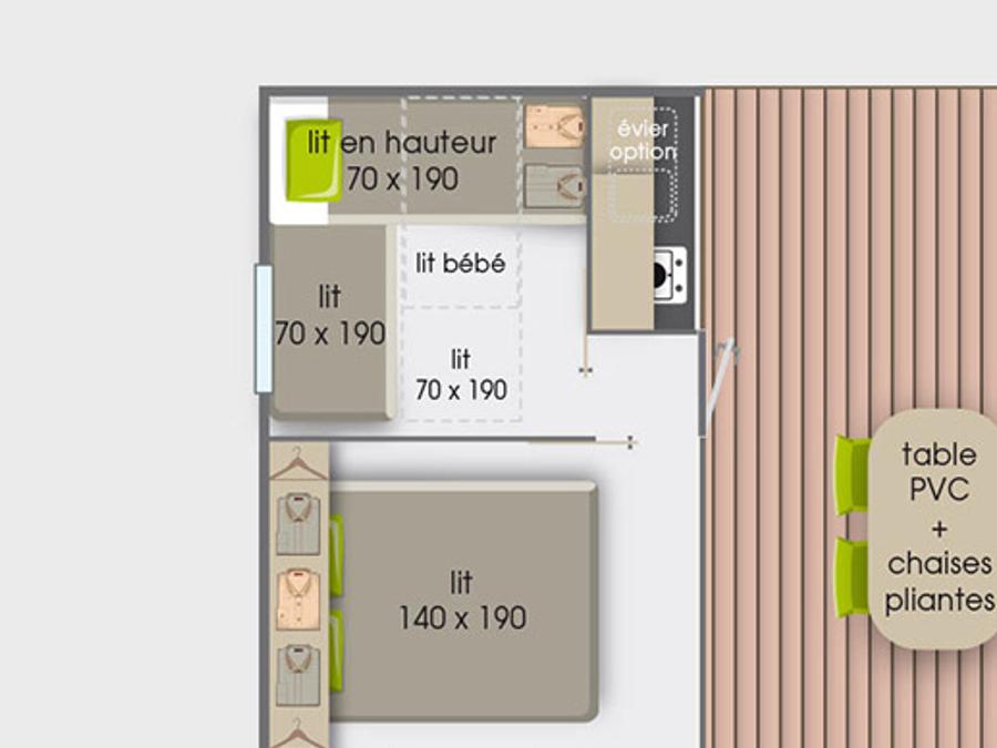 Bungalow toilé 5 personnes - Tithome 21m² - Standard - 2ch - Sans sanitaire - Terrasse toilée 3