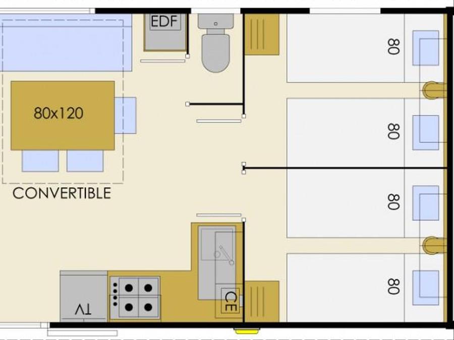 Mobilhome 6 personnes - Mobil home Bermudes Confort 30m² (3 chambres) + terrasse semi couverte de 18 m² + TV 6 pers 3