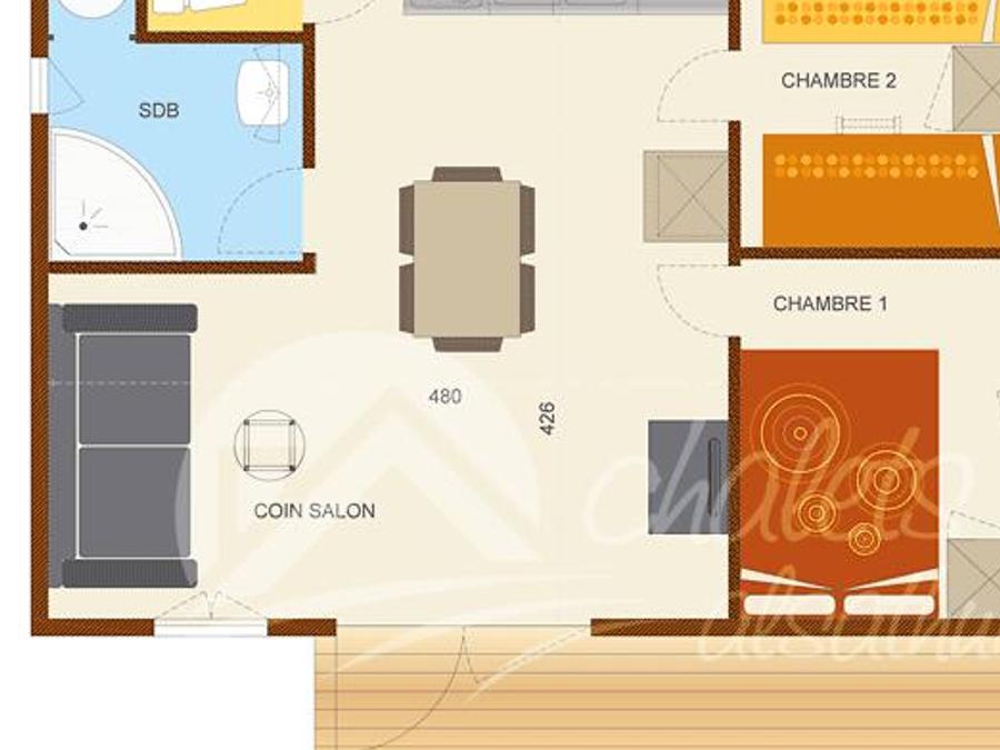 Chalet 6 personnes - Chalet Savania PREMIUM46 34 m² (2 chambres) + terrasse couverte de 13 m² + TV + clim réversible 4/6 pers 3
