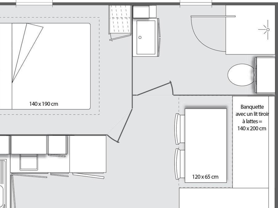Mobilhome 2 personnes - Confort 18m² 1 chambre + terrasse couverte + climatisation + TV 5