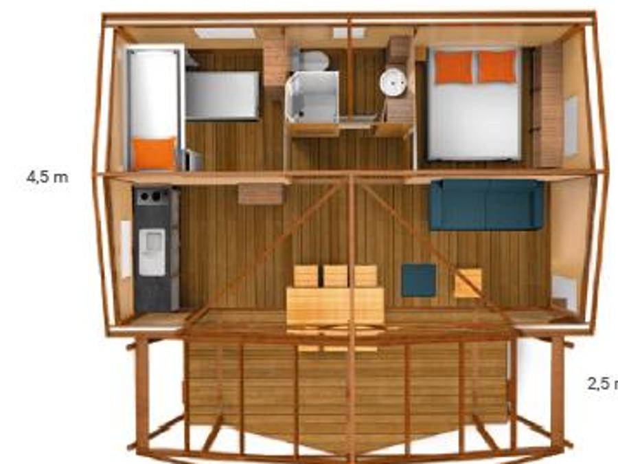 Tente en toile et en bois 4 personnes -  	 Ecolodge Cotton toilée CONFORT 35m² (2 chambres) dont terrasse couverte de 11m² + TV | 4 personnes 7