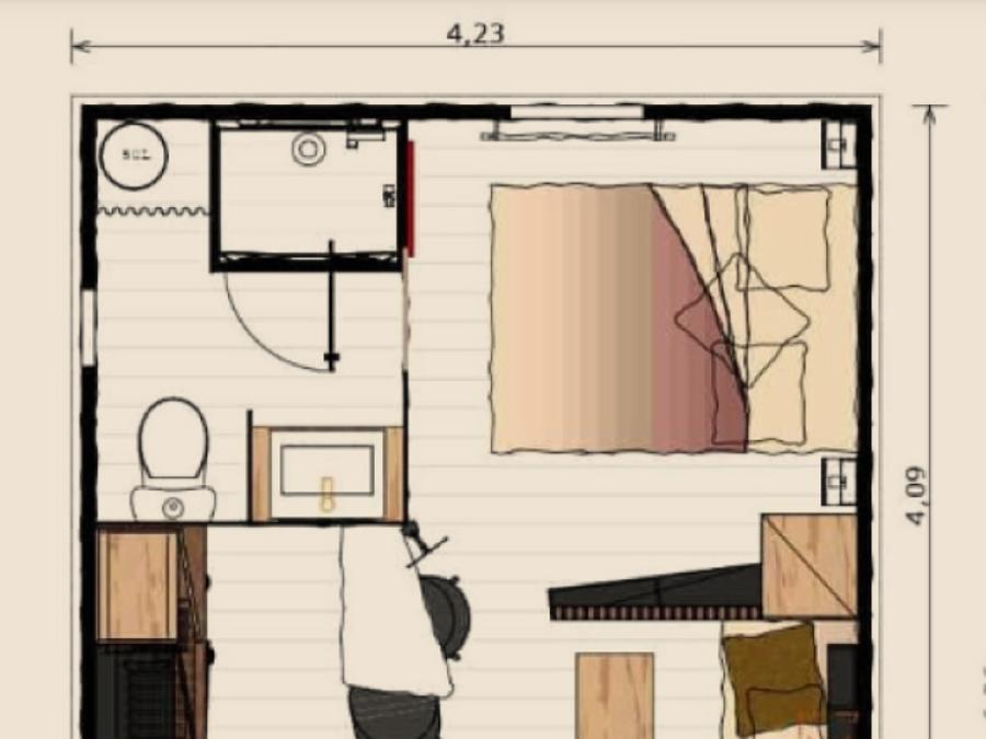 Chalet 2 personnes - Bois Premium 16m² - 1 chambre + terrasse couverte 8m² + TV + CLIM 4