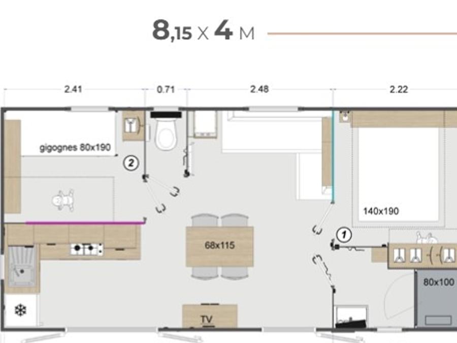 Mobilhome 4 personnes - PREMIUM 30m² - 2 chambres - TV - lave-vaisselle - climatisation - terrasse 14