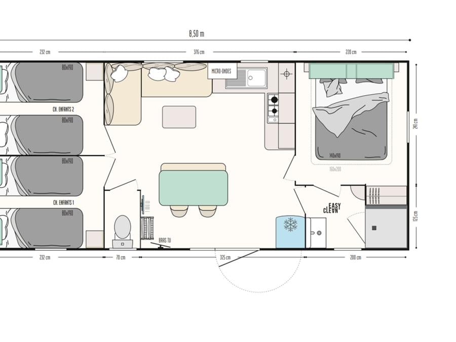 Mobilhome 6 personnes - Confort 33m² avec terrasse couverte 3 chambres +TV 2