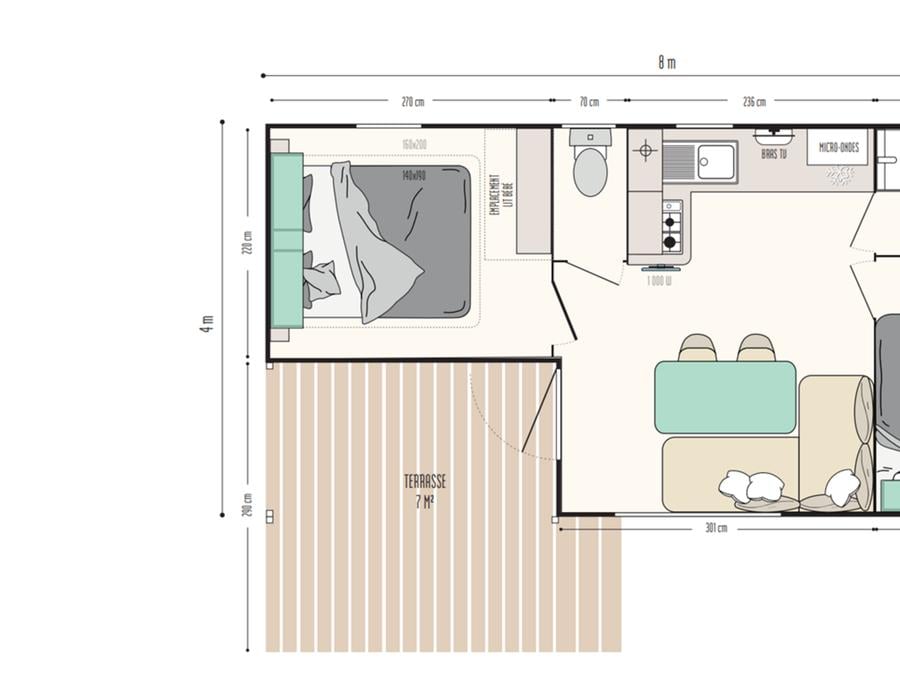 Mobilhome 4 personnes - 25m² Premium (2ch-4pers) dont Terrasse semi-couverte + TV + LV + BBQ 1