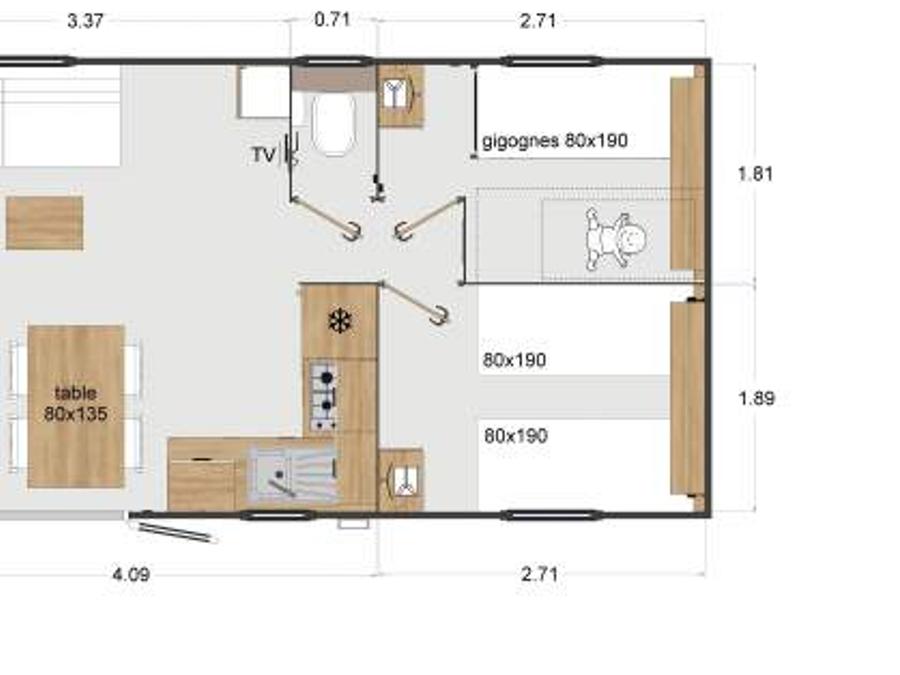 Mobilhome 6 personnes - Premium 33m² 3 chambres + Terrasse + TV + LV + BBQ + Quartier Piéton 6