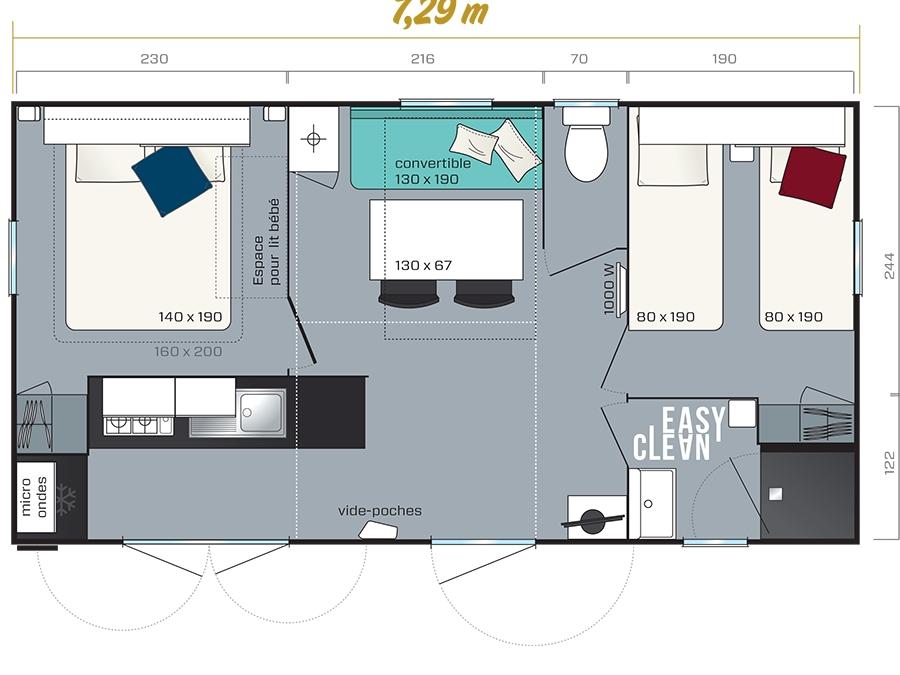 Mobilhome 4 personnes - Homeflower premium 29m² (2 chambres) + CLIM + terrasse semi-couverte + TV + draps + serviettes | 4 personnes 10