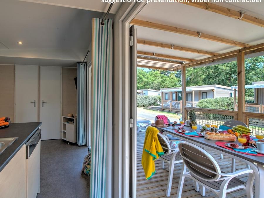 Mobilhome 4 personnes - Homeflower premium 29m² (2 chambres) + CLIM + terrasse semi-couverte + TV + draps + serviettes | 4 personnes 4
