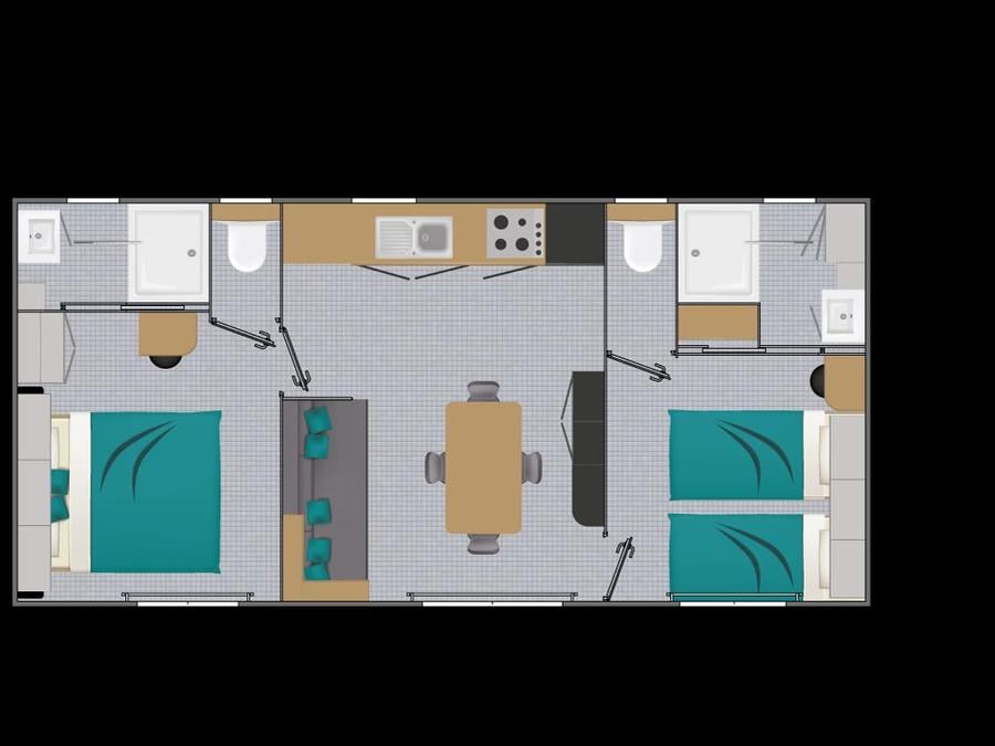 Mobilhome 4 personnes - PREMIUM 34m² - (4pers) 2 CH + 2 SDB + LV + TV + Barbecue + Terrasse 6