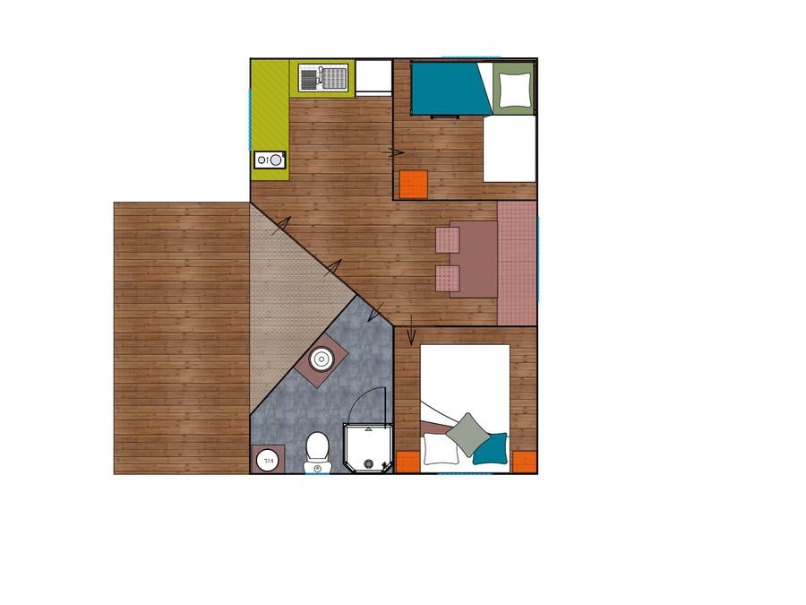 Tente en toile et en bois 4 personnes - Cabane d'Uther Confort 27m² (2 chambres) + terrasse semi-couverte 4 pers 6