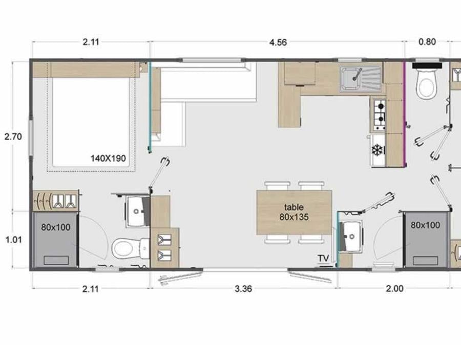 Mobilhome 6 personnes - Cottage des Familles 3 CH - 2 SDB - 6 PERS 38 m² - TV + CLIM + LV + DRAPS (inclus à la location à la semaine) 4