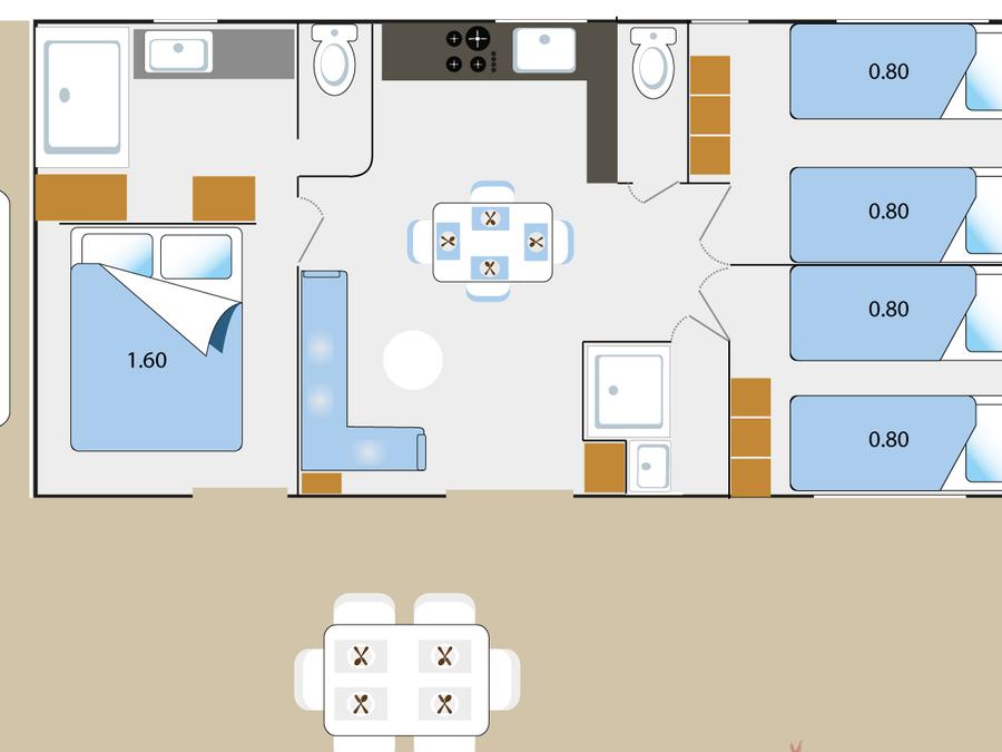 Mobilhome 6 personnes - TAOS Luxe 40m2 terrasse couverte + Jacuzzi privatif - 6 pers 3 chambres 2 sdb - clim 6