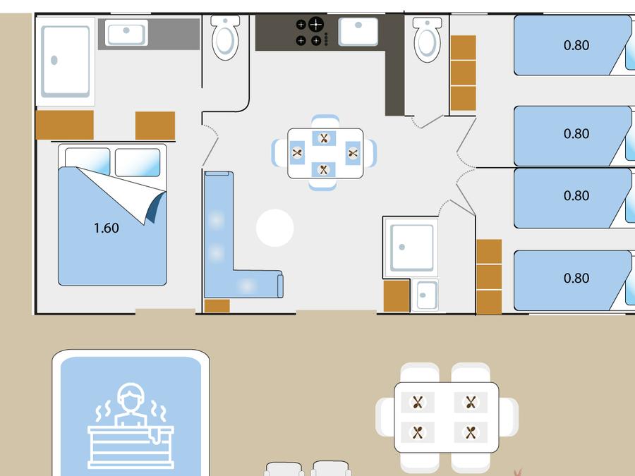 Mobilhome 6 personnes - TAOS Luxe 40m2 terrasse couverte + Jacuzzi privatif - 6 pers 3 chambres 2 sdb - clim 7