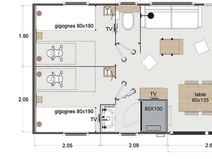 Mobilhome 6 personnes - Premium 40m² - 3 chambres - 2 salles de bain + Terrasse couverte + Clim réversible + TV 4