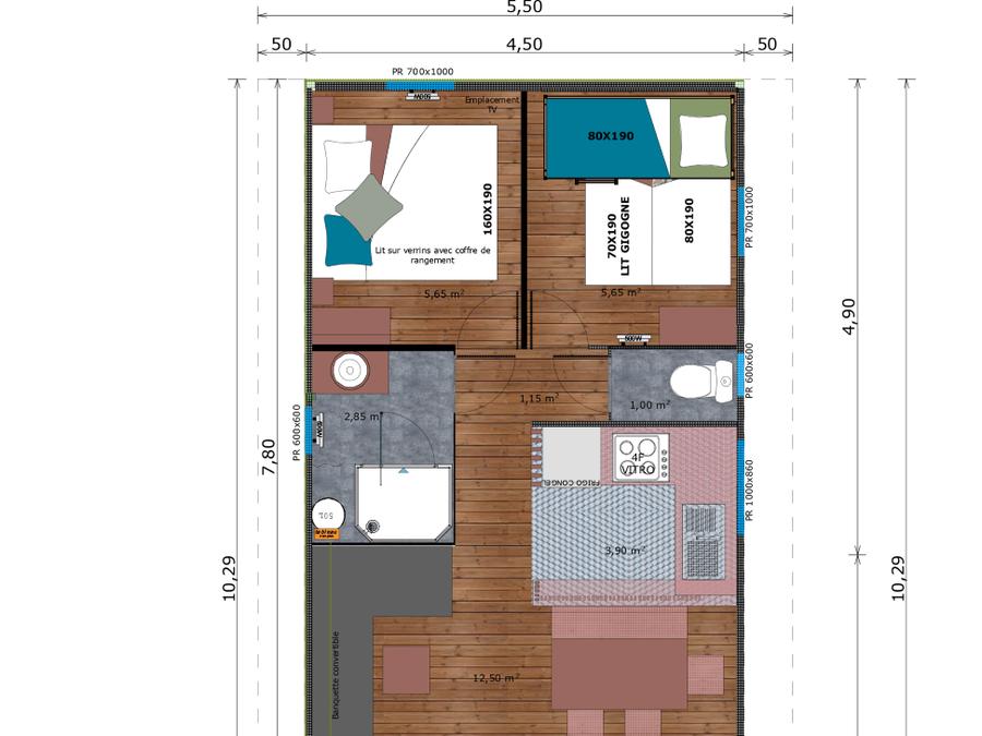 Chalet 5 personnes - Lodge VIP Premium 34m² - vue sur lac (2 chambres) + TV + draps + serviettes + terrasse couverte 11m² 4/5 pers. 8