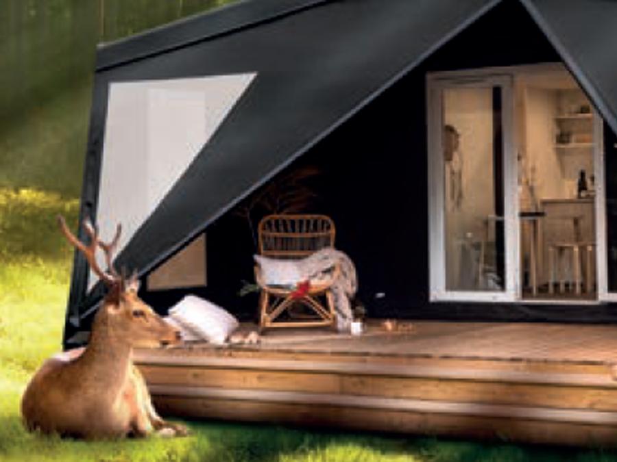 Tente en toile et en bois 4 personnes - Ecrin Cocoon Insolite 16m² (sans sanitaires) 2 chambres + Terrasse couverte 14 m²+ TV + Coin Cuisine 4 pers 7