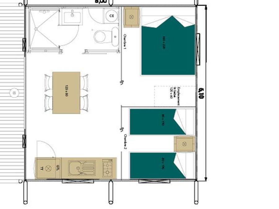 Tente 4 personnes - Wood Lodge Confort 30 m² (2 chambres) - avec sanitaire 7