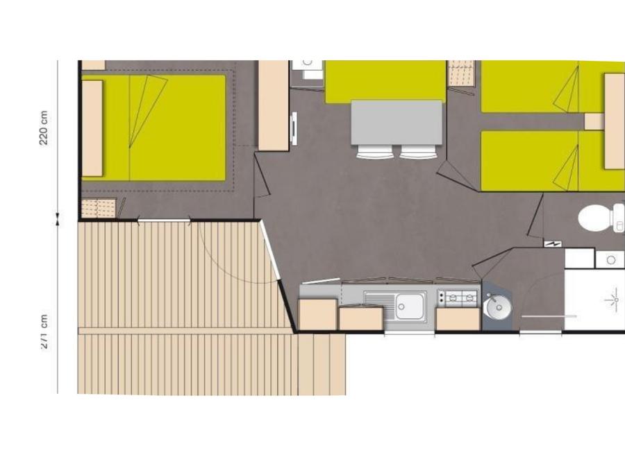 Mobilhome 4 personnes - Standard Bois 24m² 2 chambres + terrasse semi couverte 18m² + TV 7