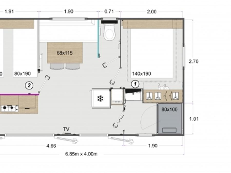 Mobilhome 4 personnes - riviera Confort 25m² - 2 chambres + Climatisation + TV + terrasse couverte 3