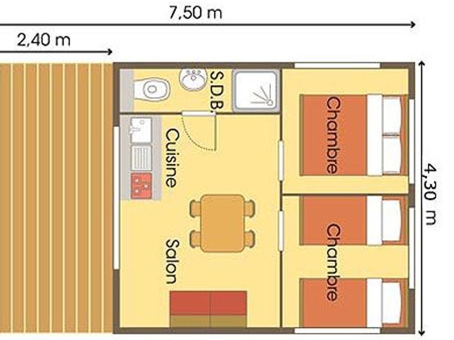 Tente en toile et en bois 4 personnes - Cabane Lodge Bois sur pilotis Standard 34m² (2 chambres) dont terrasse couverte de 11m² + TV 4 pers. 3