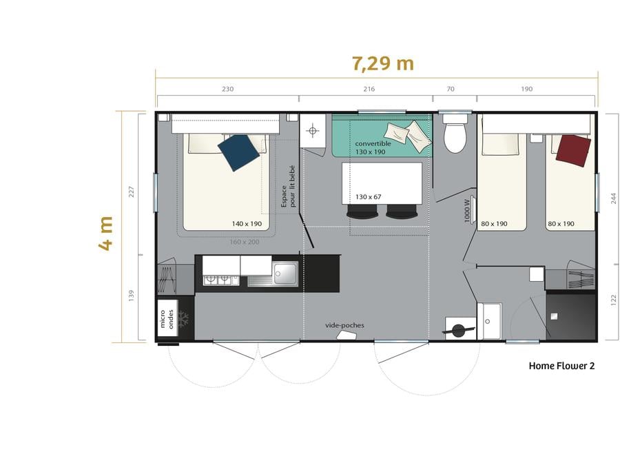 Mobilhome 4 personnes - Homeflower Premium 29m² (2 chambres) + CLIM + terrasse semi-couverte + TV + draps + serviettes 4 pers. 9