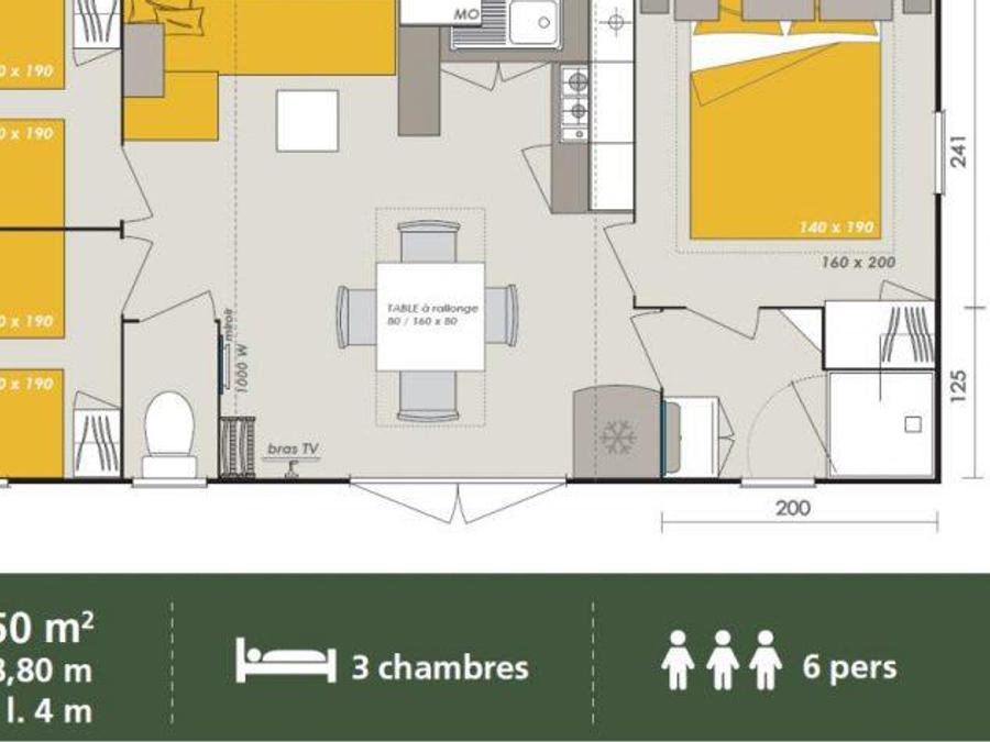 Mobilhome 6 personnes - Homeflower Premium 35m² (3 chambres) + CLIM + terrasse semi-couverte + TV + draps + serviettes 6 pers. 7