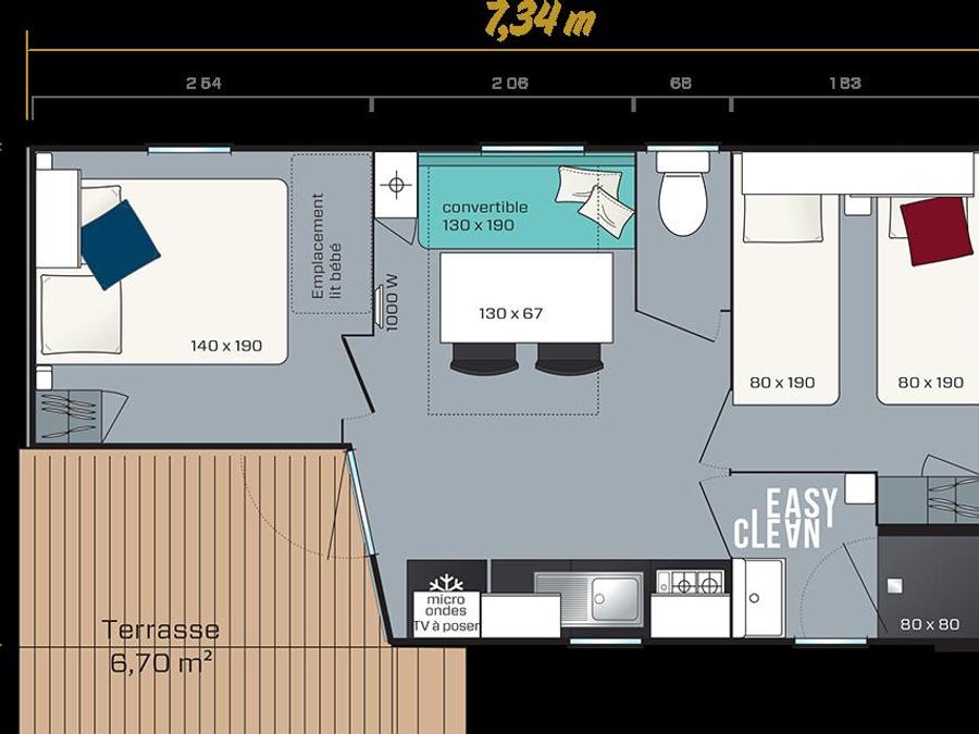 Mobilhome 4 personnes - Confort 22m² 2 chambres + terrasse semi-couverte sur pilotis 3