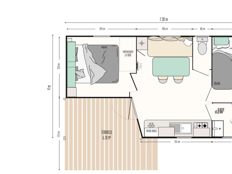 Mobilhome 4 personnes - Confort 25m² (2 chambres) + TV + Terrasse intégrée - Arrivée Dimanche 6