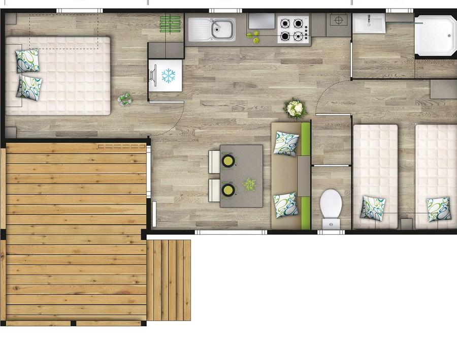 Mobilhome 4 personnes - MALAGA 27m² - 2 chambres avec terrasse bois semi couverte. 8