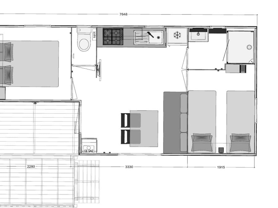 Mobilhome 4 personnes - MALAGA BOIS 27m² - 2 chambres - 4 pers, terrasse bois semi couverte 9