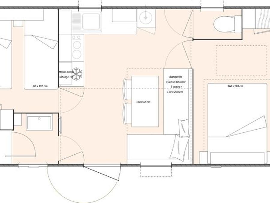 Mobilhome 4 personnes - Cottage LITCHI - 26m² - terrasse bois semi-couverte - 2 chambres 4 pers 14