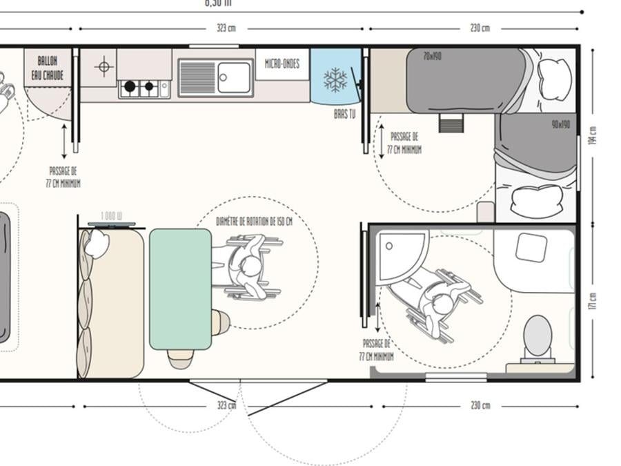 Mobilhome 4 personnes - Privilège - 30 m² - 2 chambres - PMR 12
