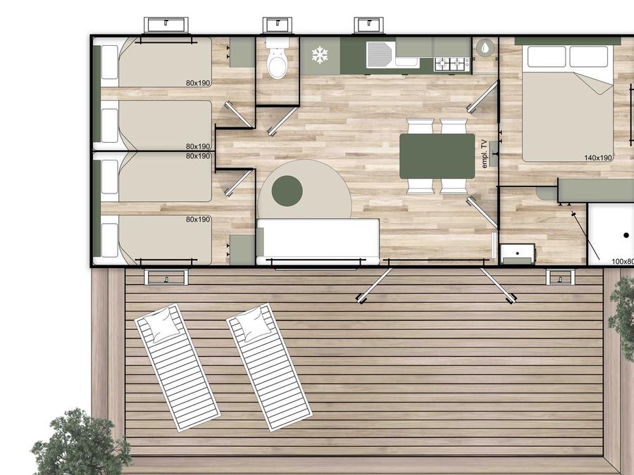 Mobilhome 7 personnes - Mobil-home 35m² Premium (3 chambres) + Terrasse + LV + TV + Clim 1