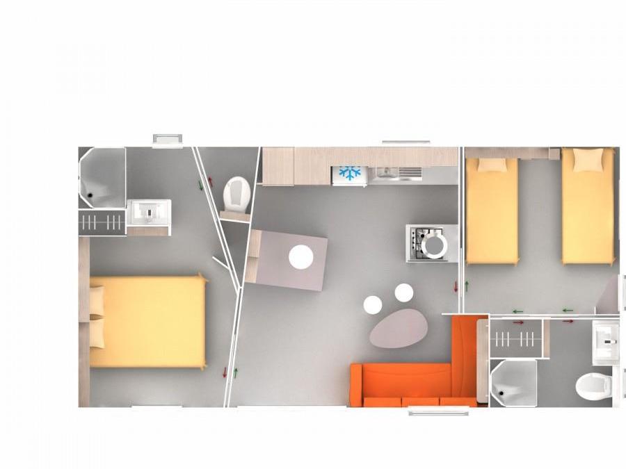 Mobilhome 5 personnes - Mobil-home Premium + 40m² (2ch - 5pers) + TV + LV + BBQ + Clim + 2 SDB 2