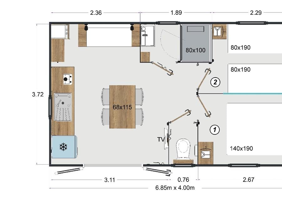 Mobilhome 4 personnes - Palmy Premium 24,5m2 (2ch - 4pers) + CLIM + TV + LV + Terrasse Couverte 10