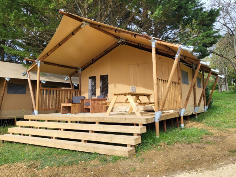 Tente en toile et en bois 4 personnes - Tente safari 4p avec sanitaires 4