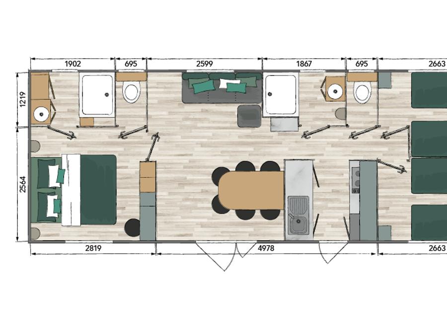 Mobilhome 6 personnes - NEW // Cottage Premium 3 chambres - 2 salles de bain + 2 WC + Terrasse semi-couverte + Clim + TV 5