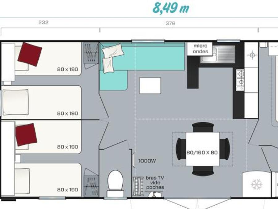 Mobilhome 6 personnes - PREMIUM, trois chambres, avec sanitaires 4